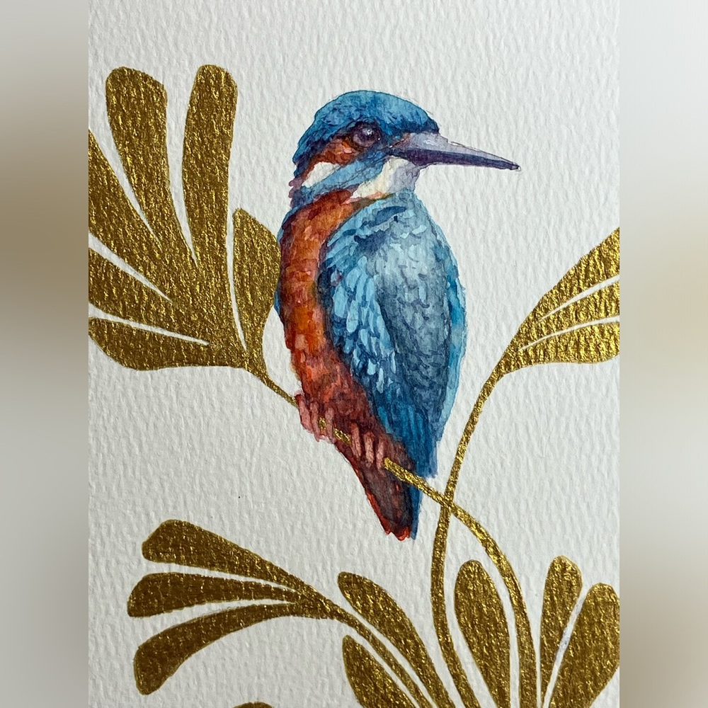 Original Kingfisher Bird Art Watercolor Painting Gold Deco Wall Decor handmade